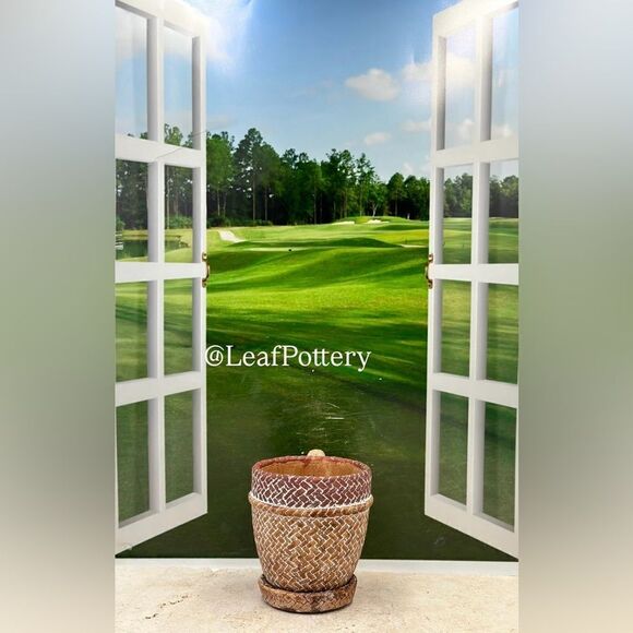 Brown Rattan Mug Stone Planter Pot with Saucer Included - Picture 3 of 10